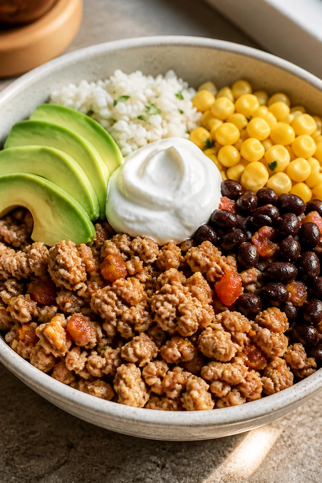 Close-up of mild turkey taco bowls with turkey, beans, corn, rice, avocado, yogurt in a bowl