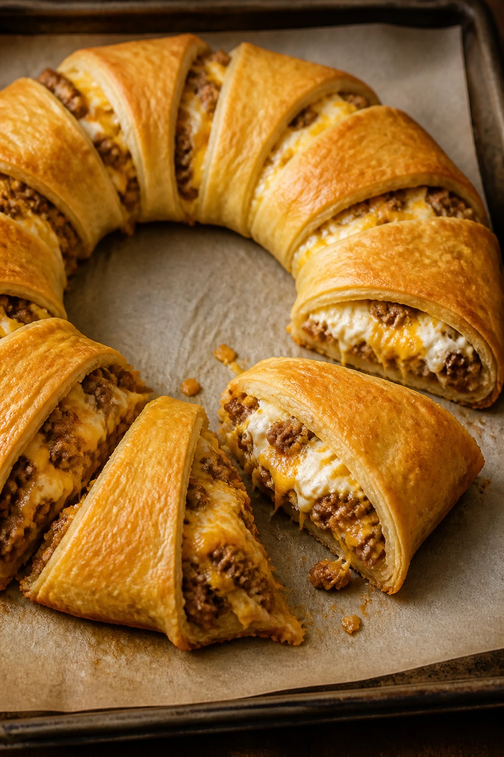 Golden turkey taco crescent ring showing filling