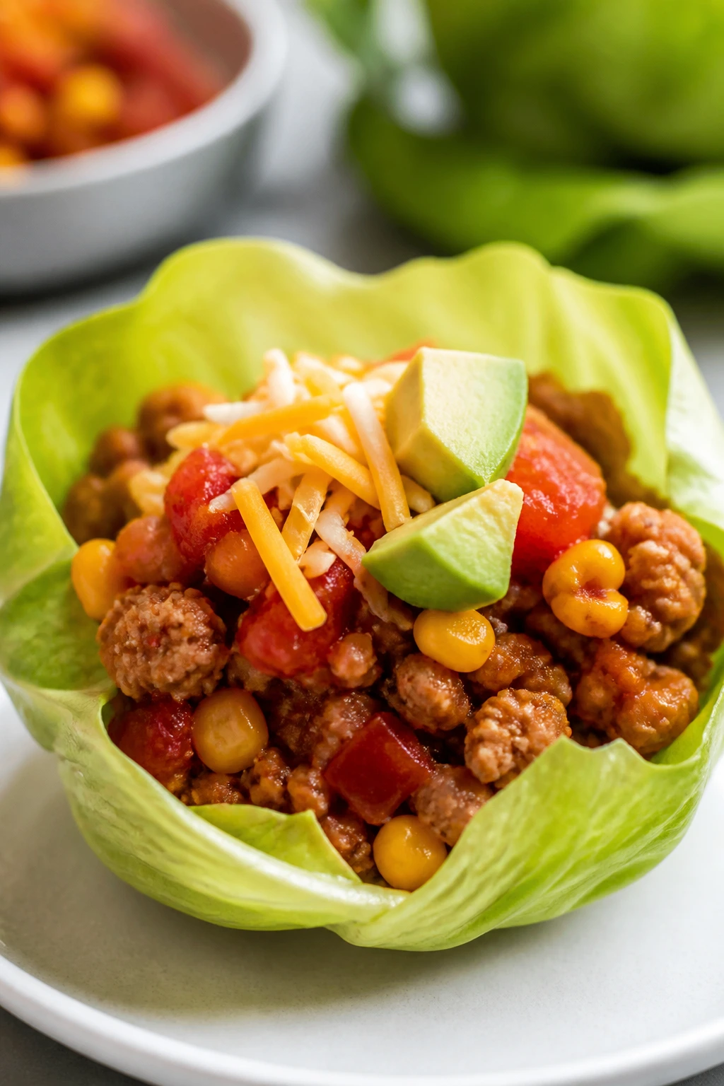 Close-up of turkey taco lettuce cup with cheese and avocado.