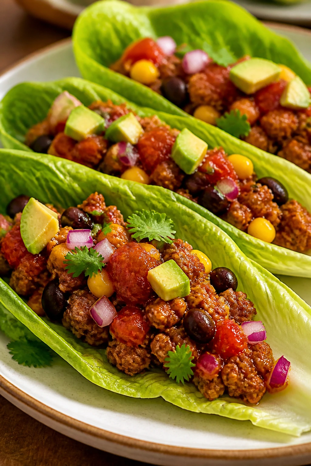 Close-up of turkey taco lettuce wraps on a plate