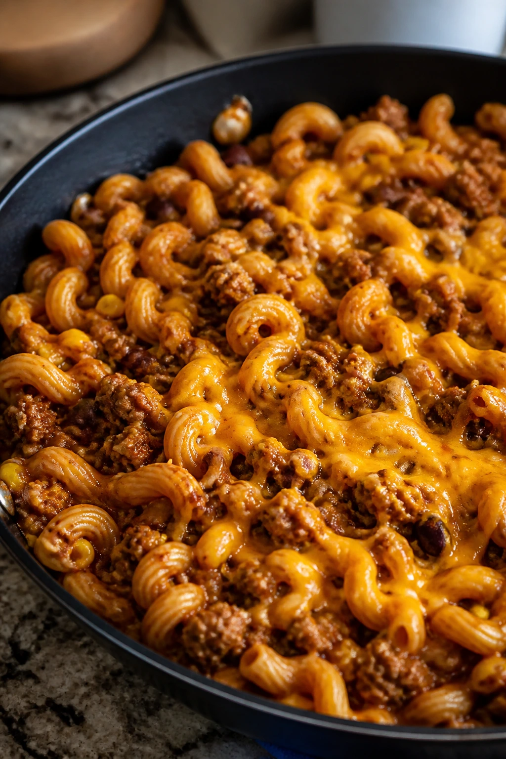 Close-up of turkey taco pasta in a deep skillet on a kitchen counter