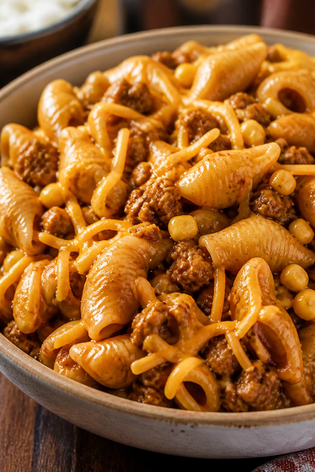 Close-up of turkey taco pasta in a bowl