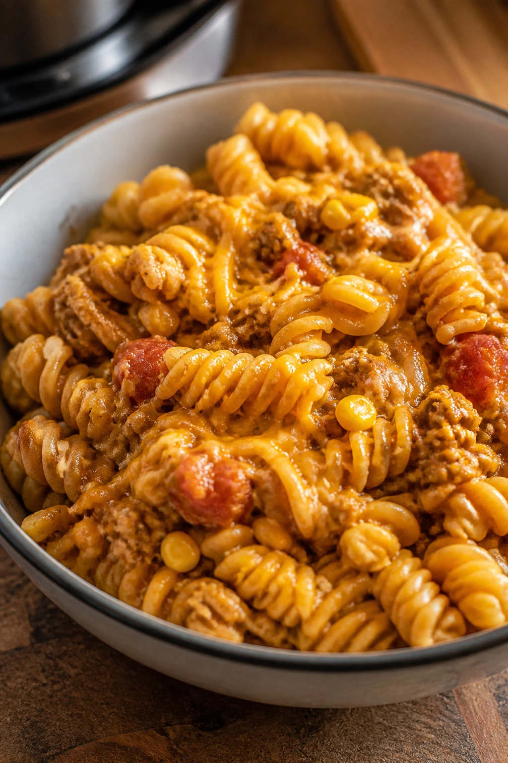 Close-up of turkey taco pasta in a bowl with cheese and salsa