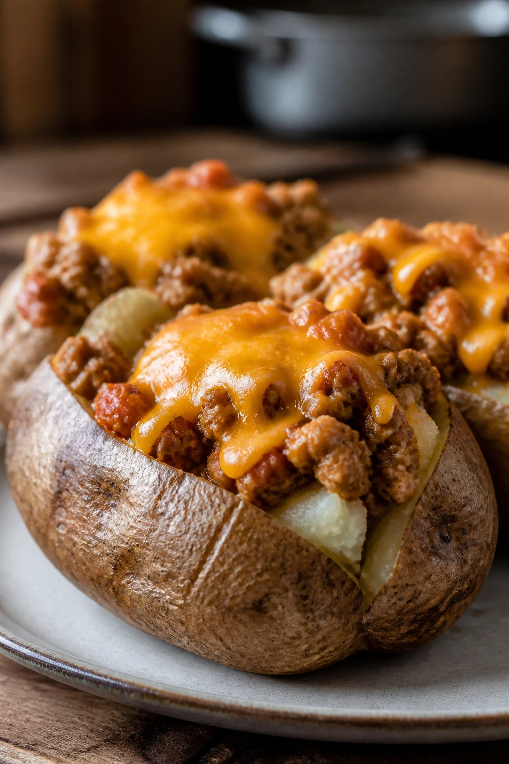 Baked potatoes stuffed with turkey taco filling and cheese