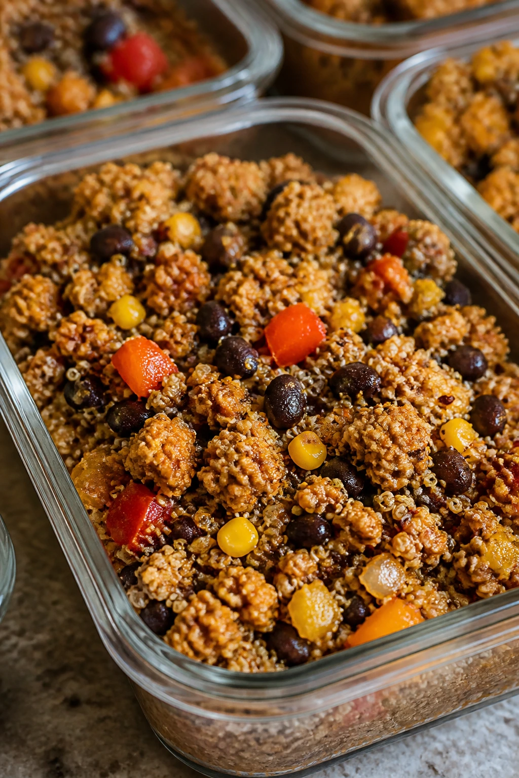 Close-up of turkey taco quinoa box with peppers and corn in a meal-prep container