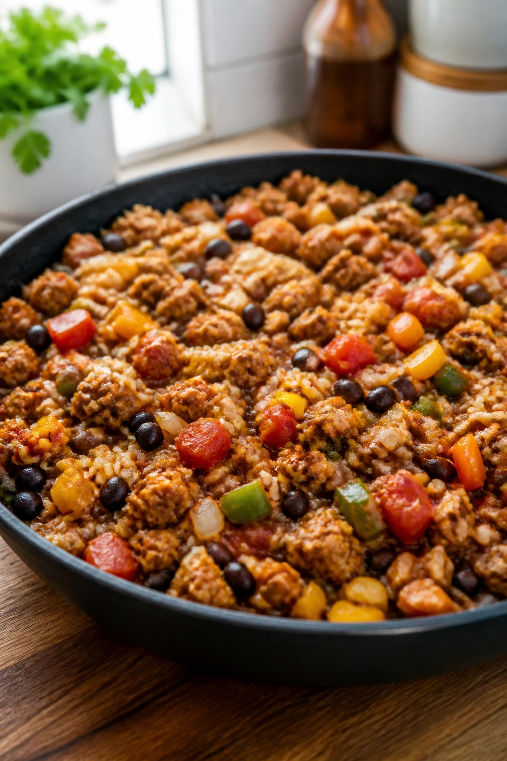 Turkey taco skillet with rice showing seasoned turkey and beans