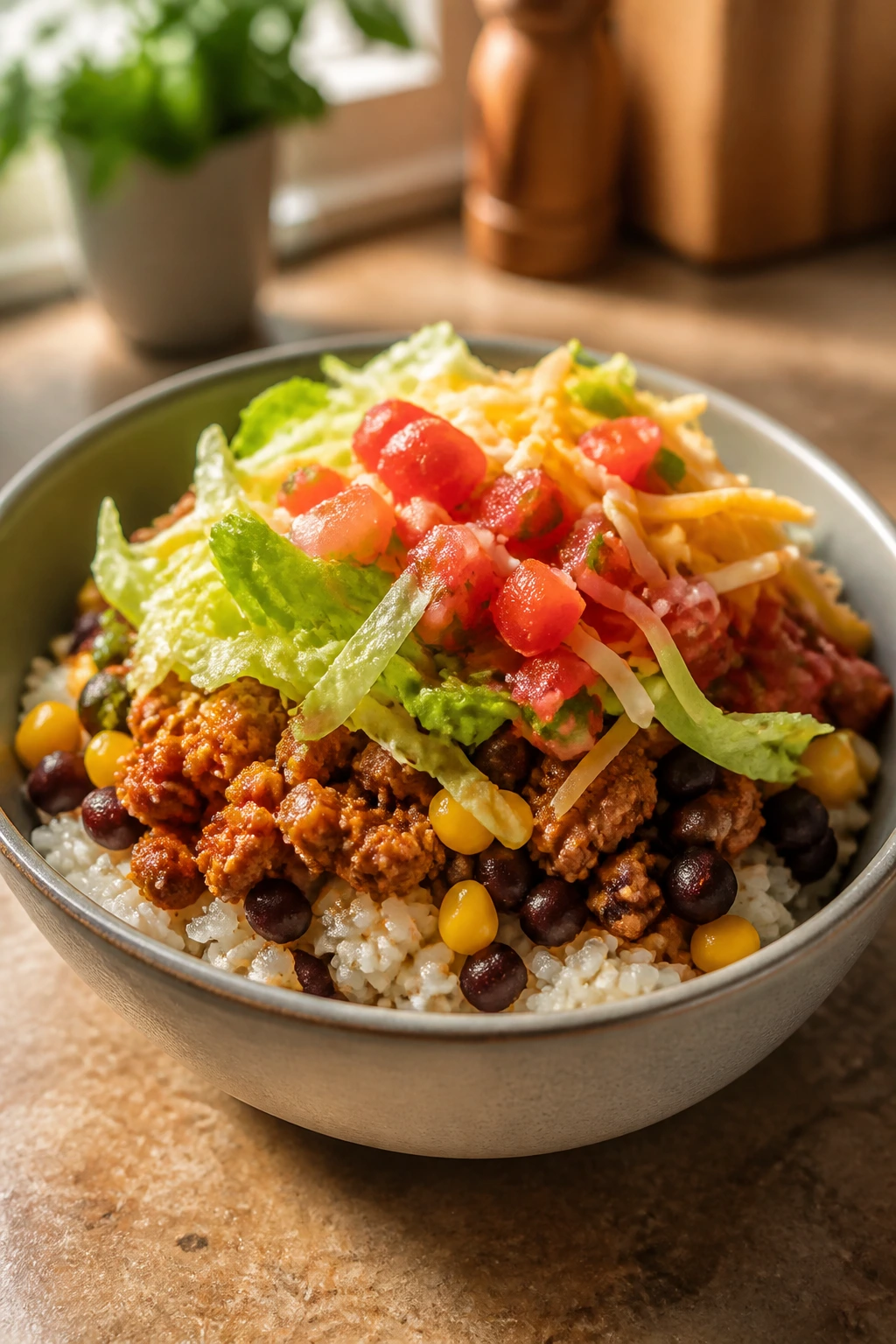 Close-up of a turkey taco rice bowl with rice, turkey, beans and toppings.