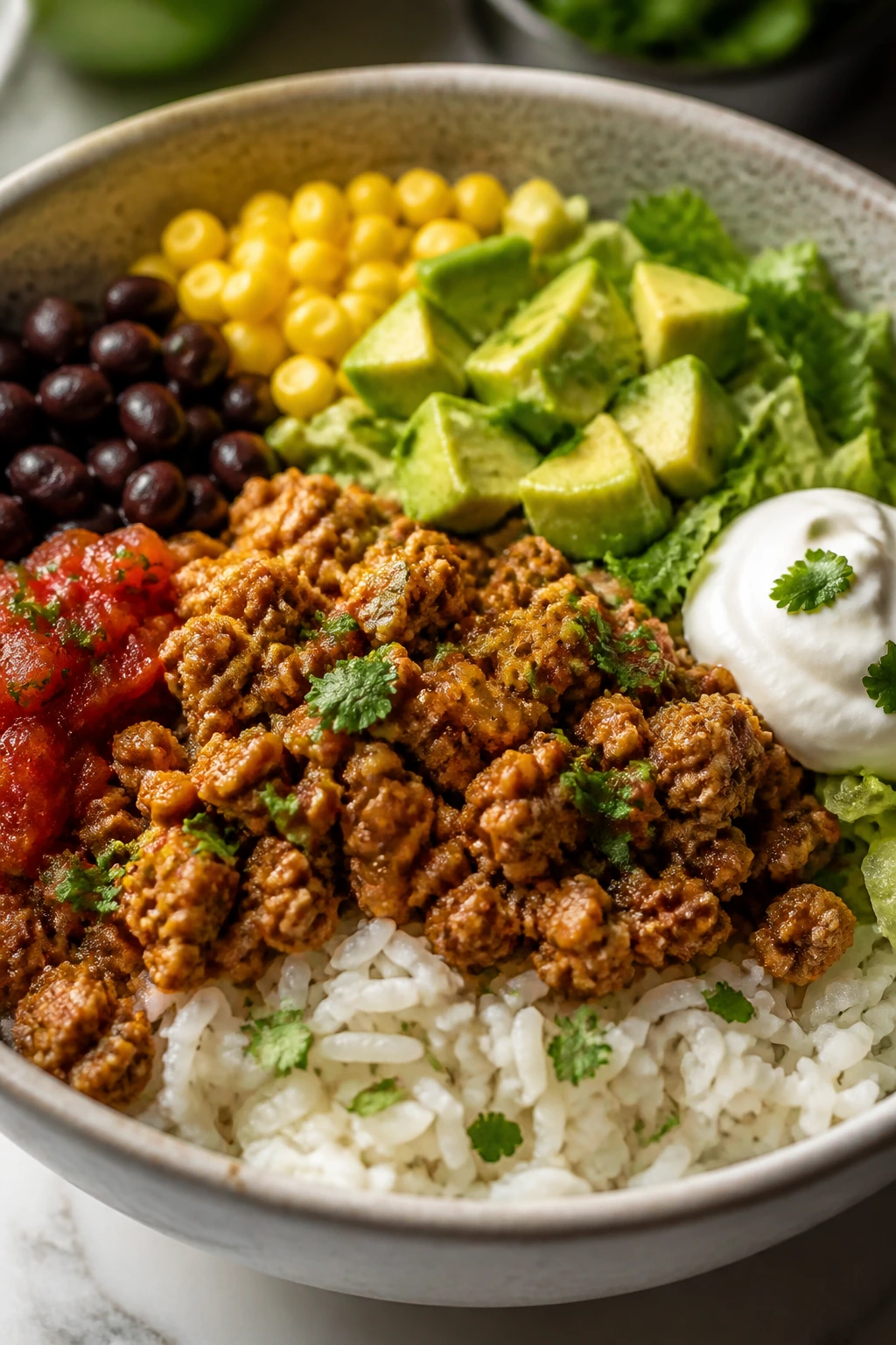 Colorful turkey taco rice bowl with rice and toppings.