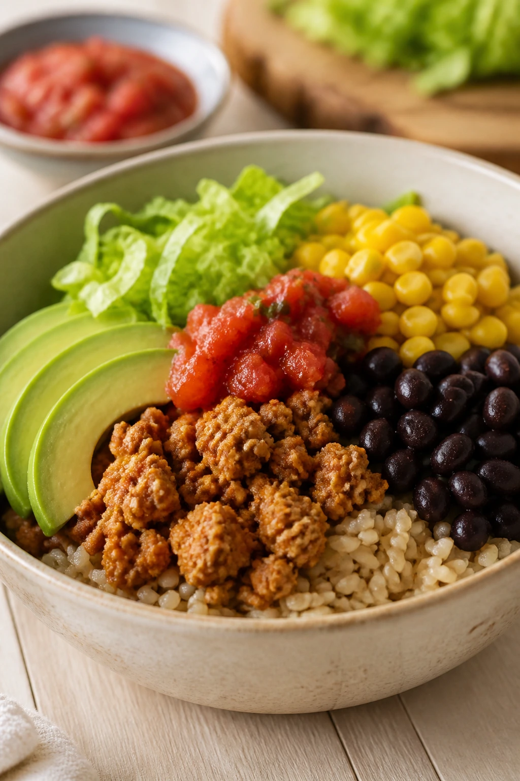 Colorful turkey taco rice bowl with avocado and lettuce