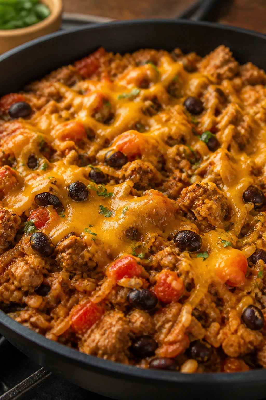 Close-up turkey taco rice skillet with turkey, rice, salsa and beans