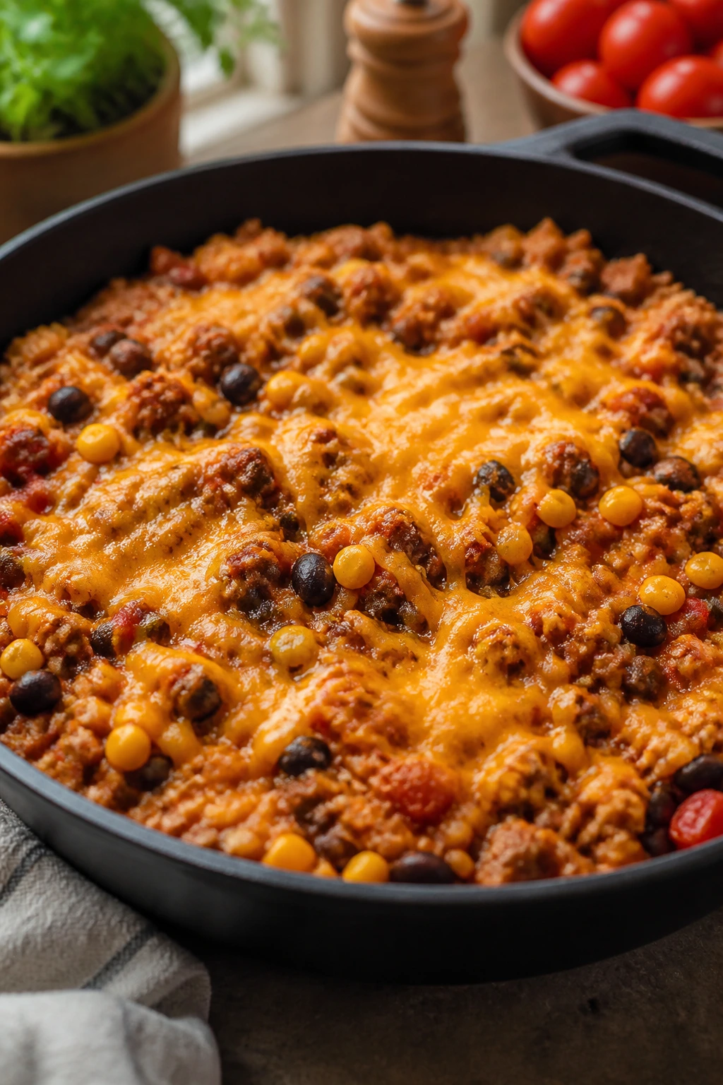 Cast-iron skillet filled with turkey taco rice and cheese on top