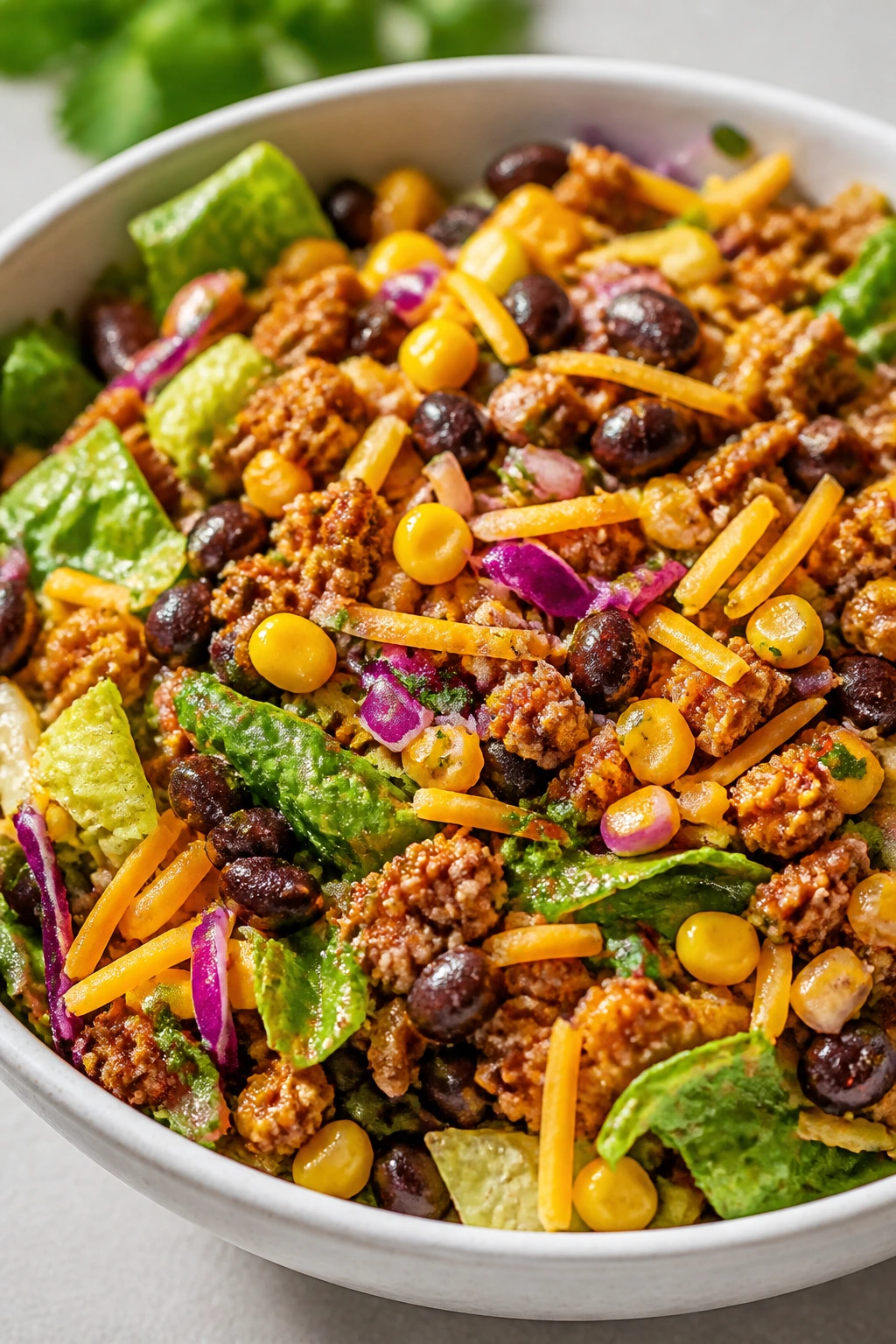 Close-up of turkey taco salad with corn and beans in a bowl