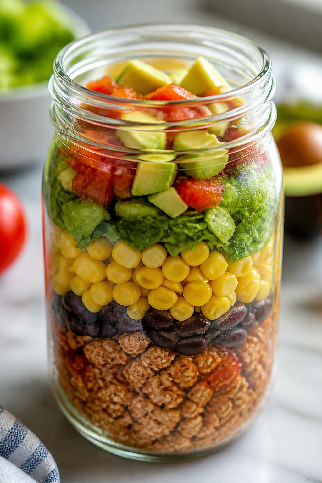 Layered turkey taco salad in a glass jar on kitchen counter