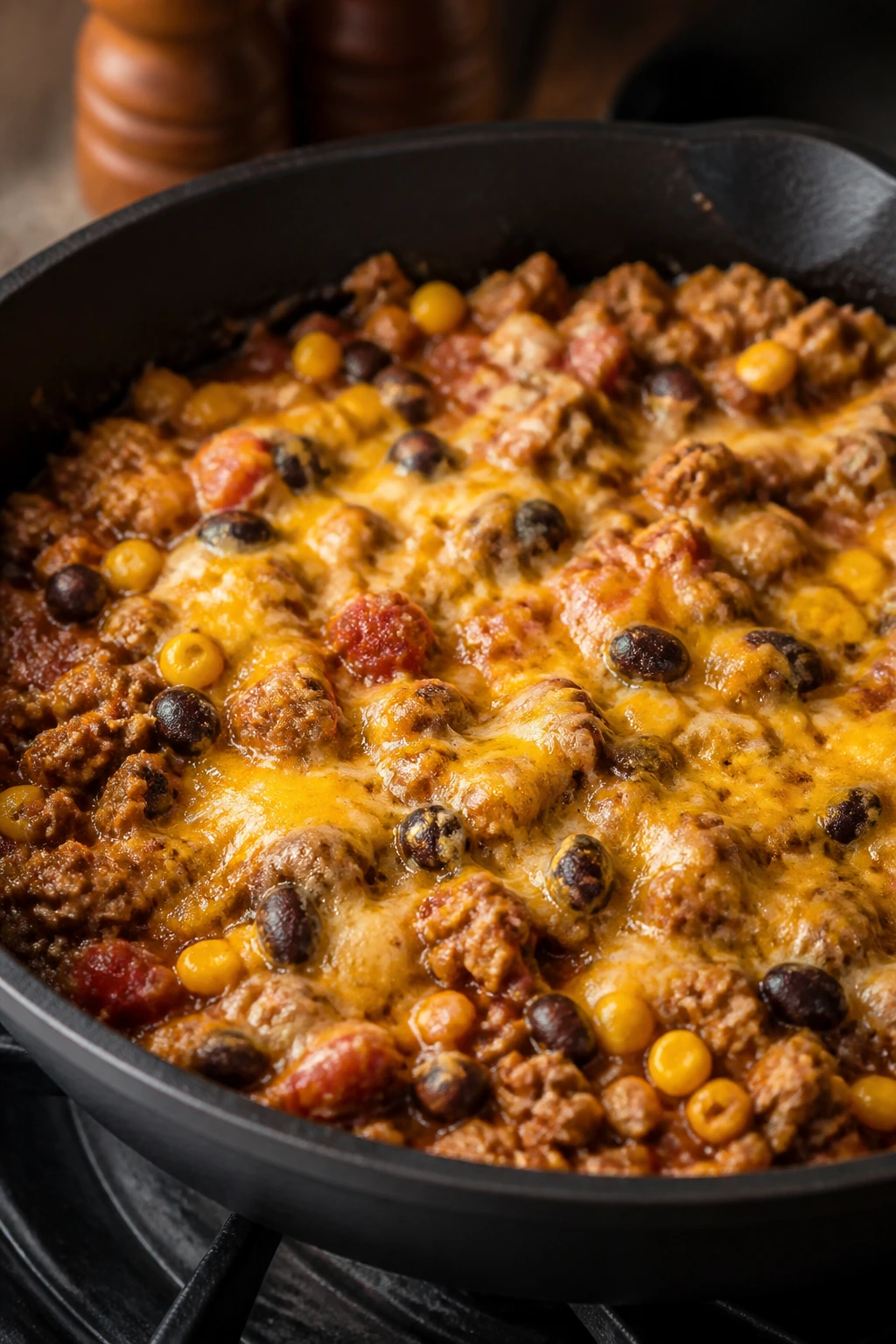 Skillet of turkey taco mix with beans, corn, salsa and melted cheese.