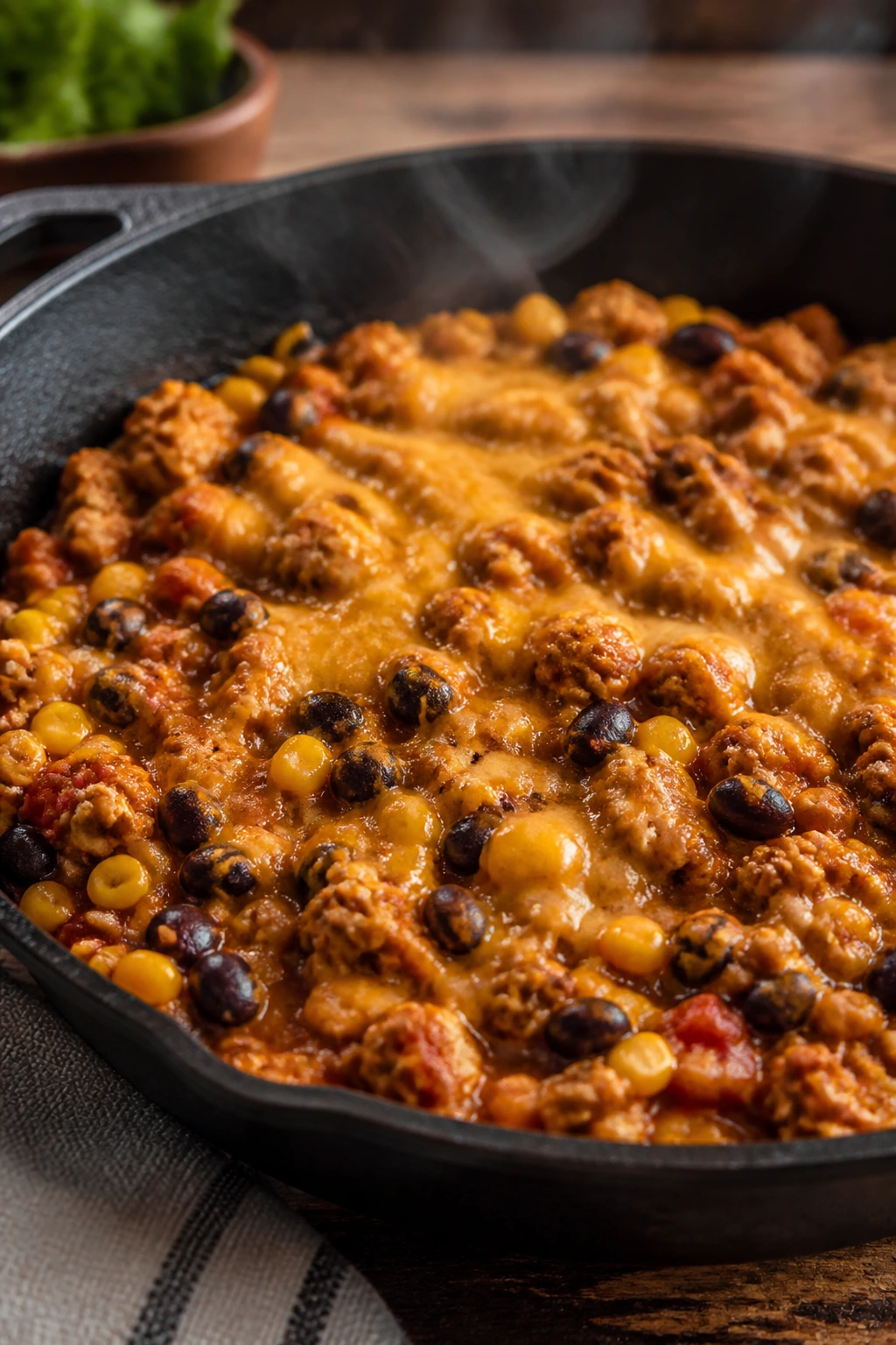Close-up of turkey taco skillet with beans and corn