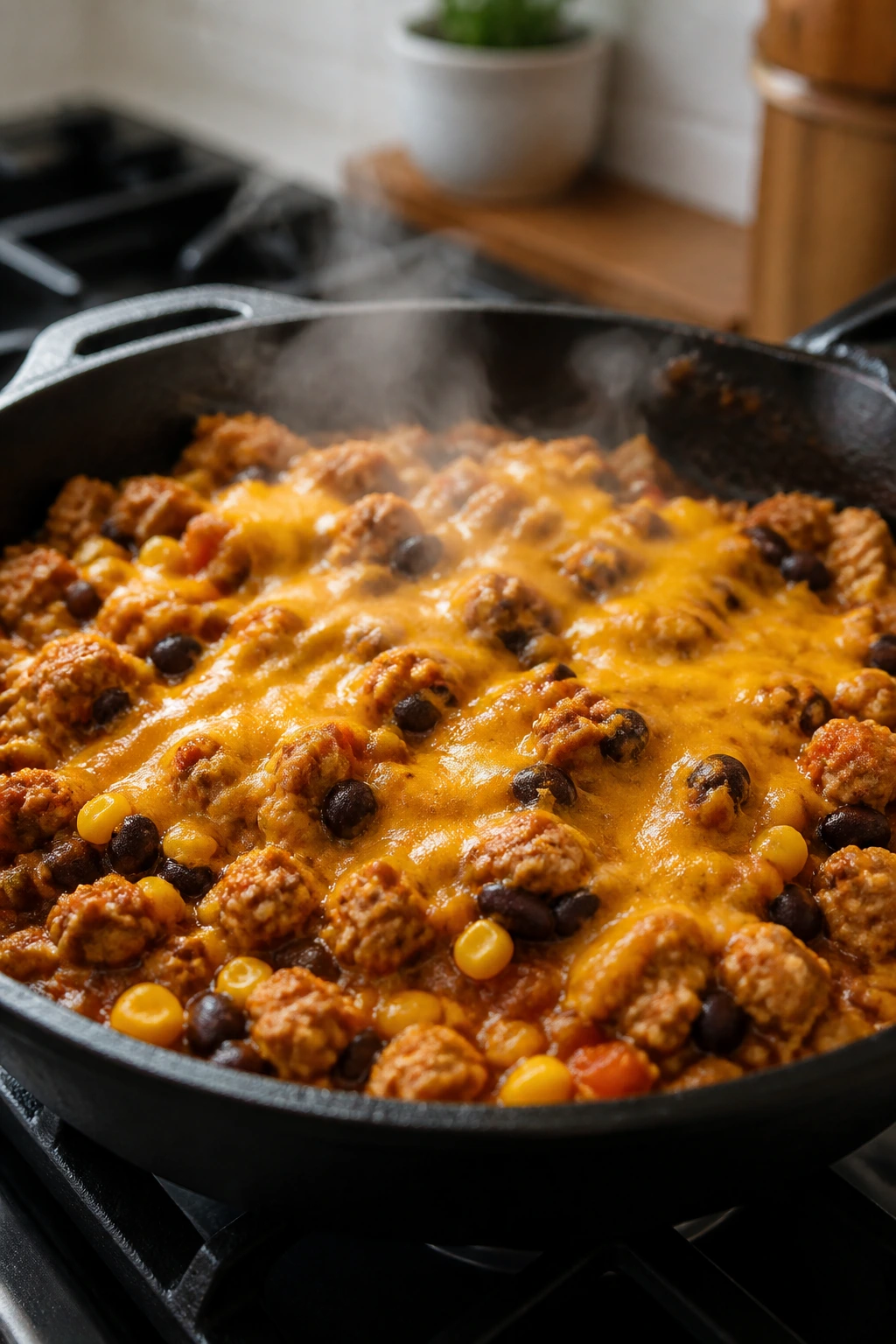 Skillet with turkey taco mixture, corn, beans, and melted cheese steaming.