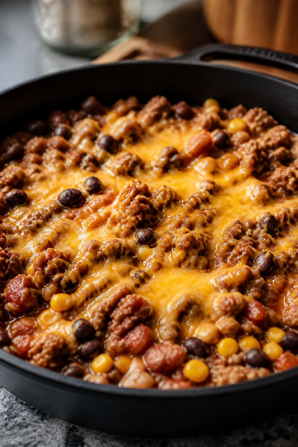 Close-up of a thick cheesy turkey taco skillet filling the pan