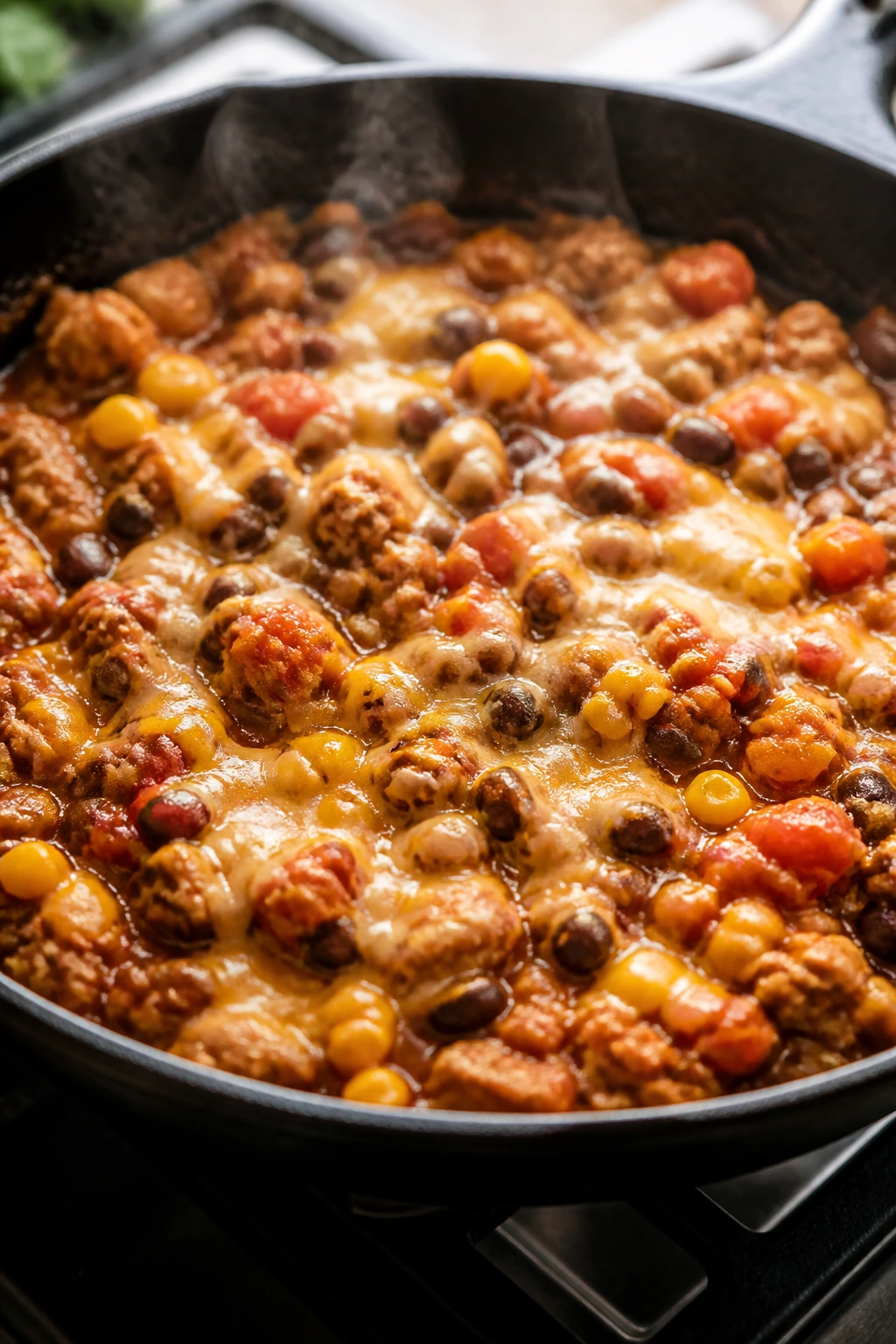 Saucy turkey taco skillet in a skillet ready to serve