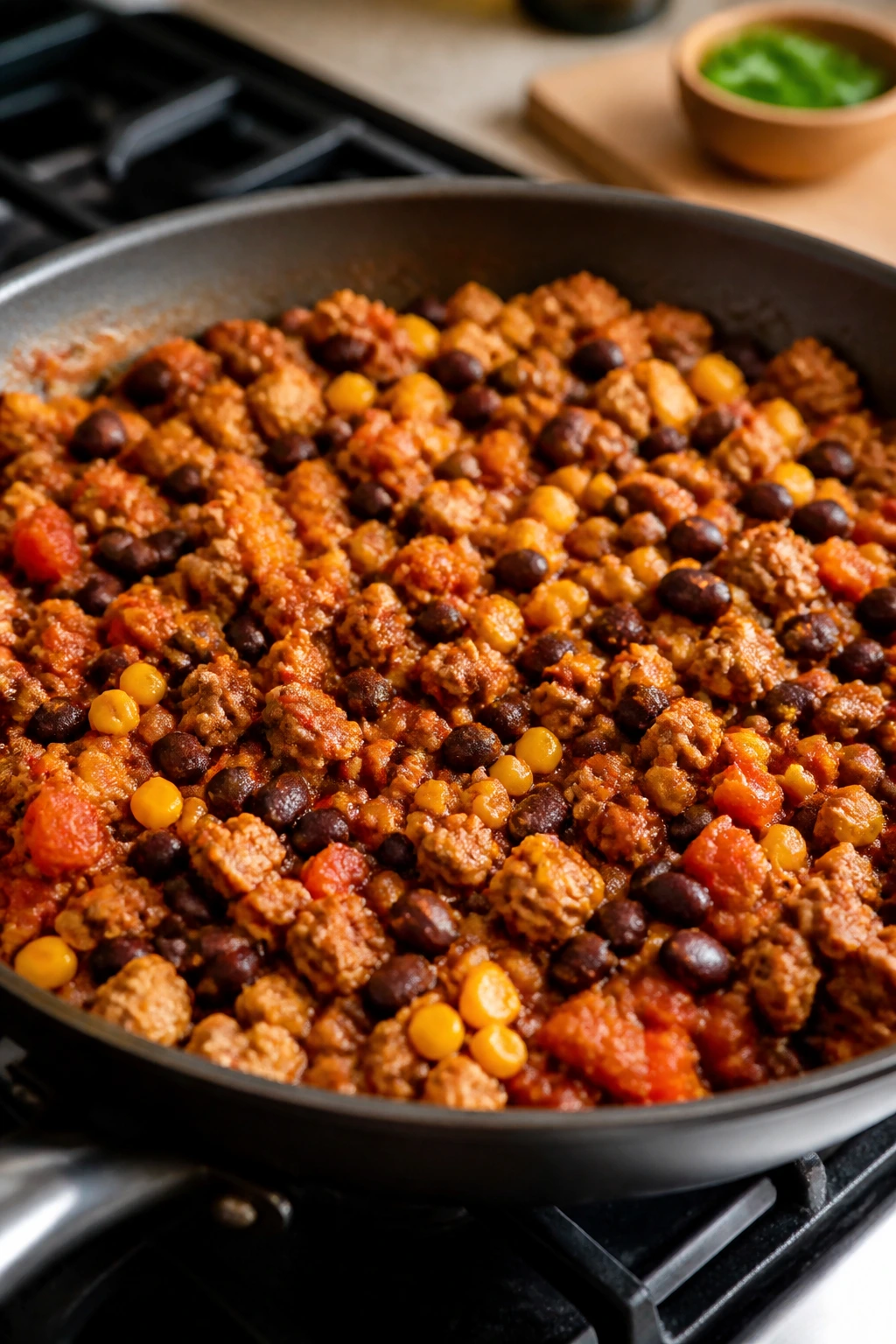 Turkey taco skillet with beans and corn in a skillet on a stove