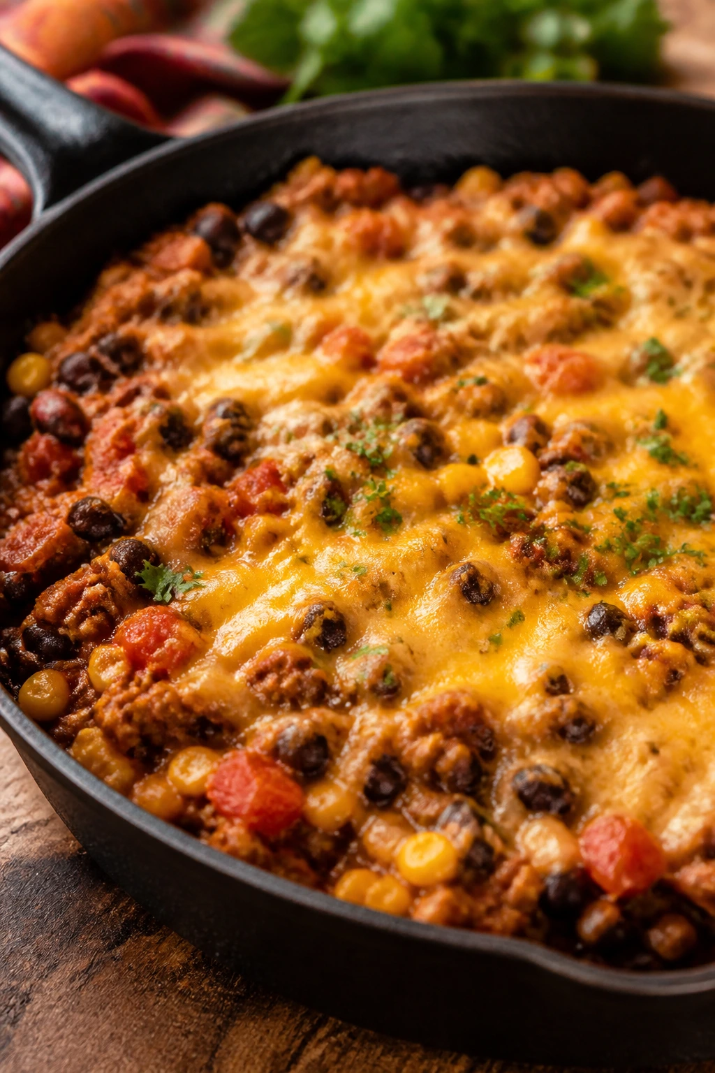 Turkey taco skillet with beans and corn in a skillet