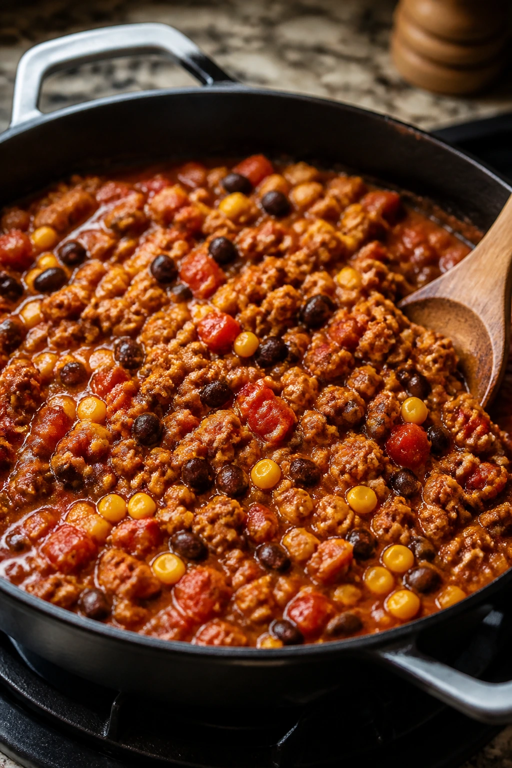 Skillet with turkey, beans, corn and tomatoes in a thick sauce