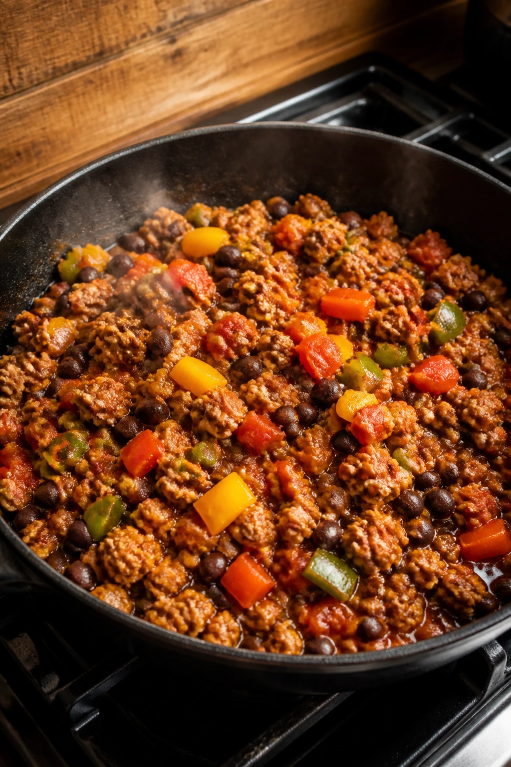 Close-up of turkey taco skillet with beans and peppers
