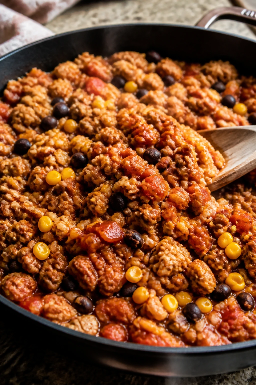 Skillet with turkey taco mixture including salsa, beans, corn over rice