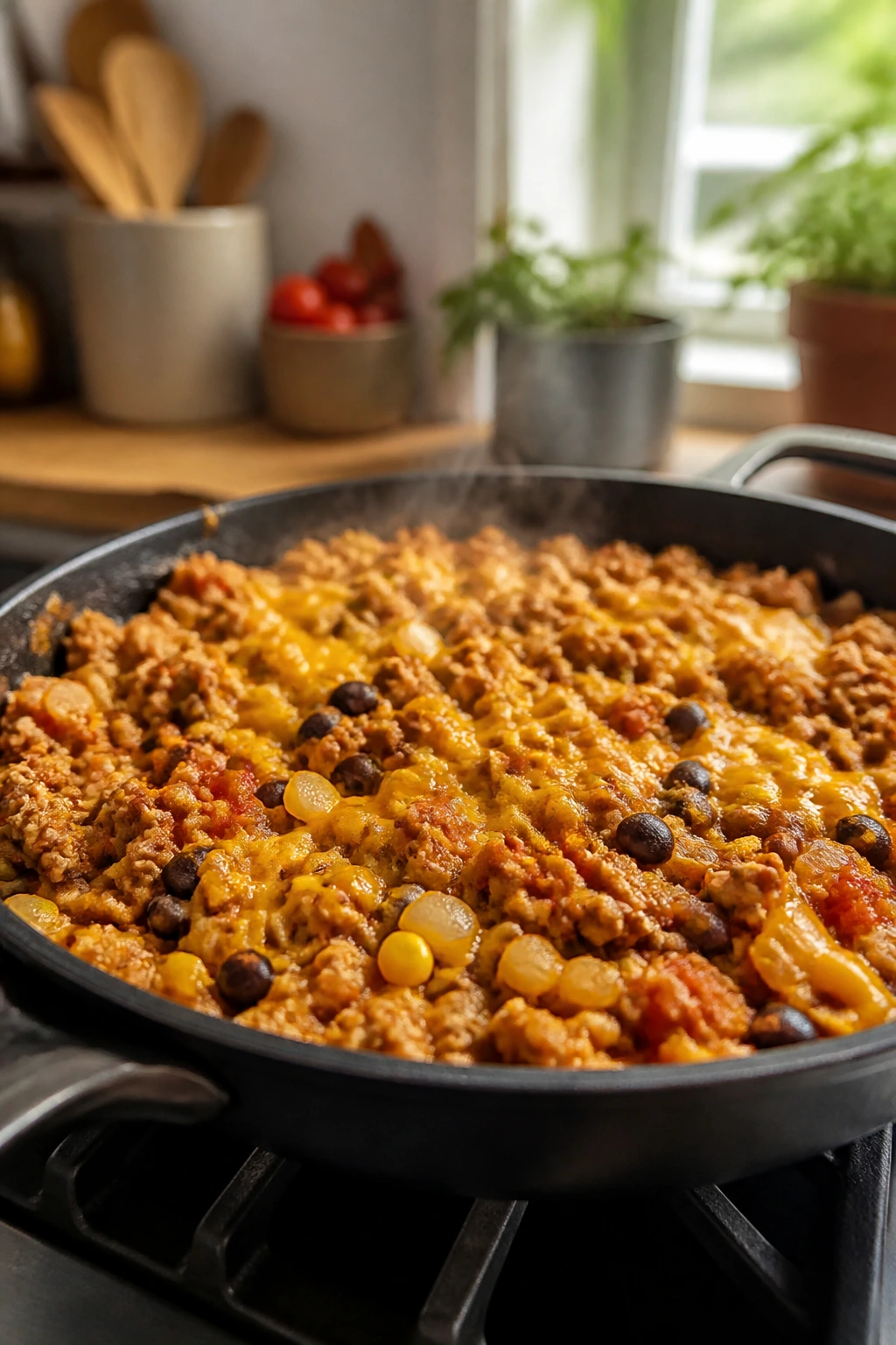 One-pan turkey taco skillet with turkey, beans, corn, salsa and melted cheese