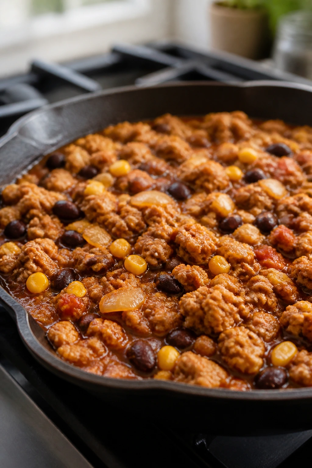 Close-up of turkey taco skillet with onions, beans, corn and salsa cooking in a pan.