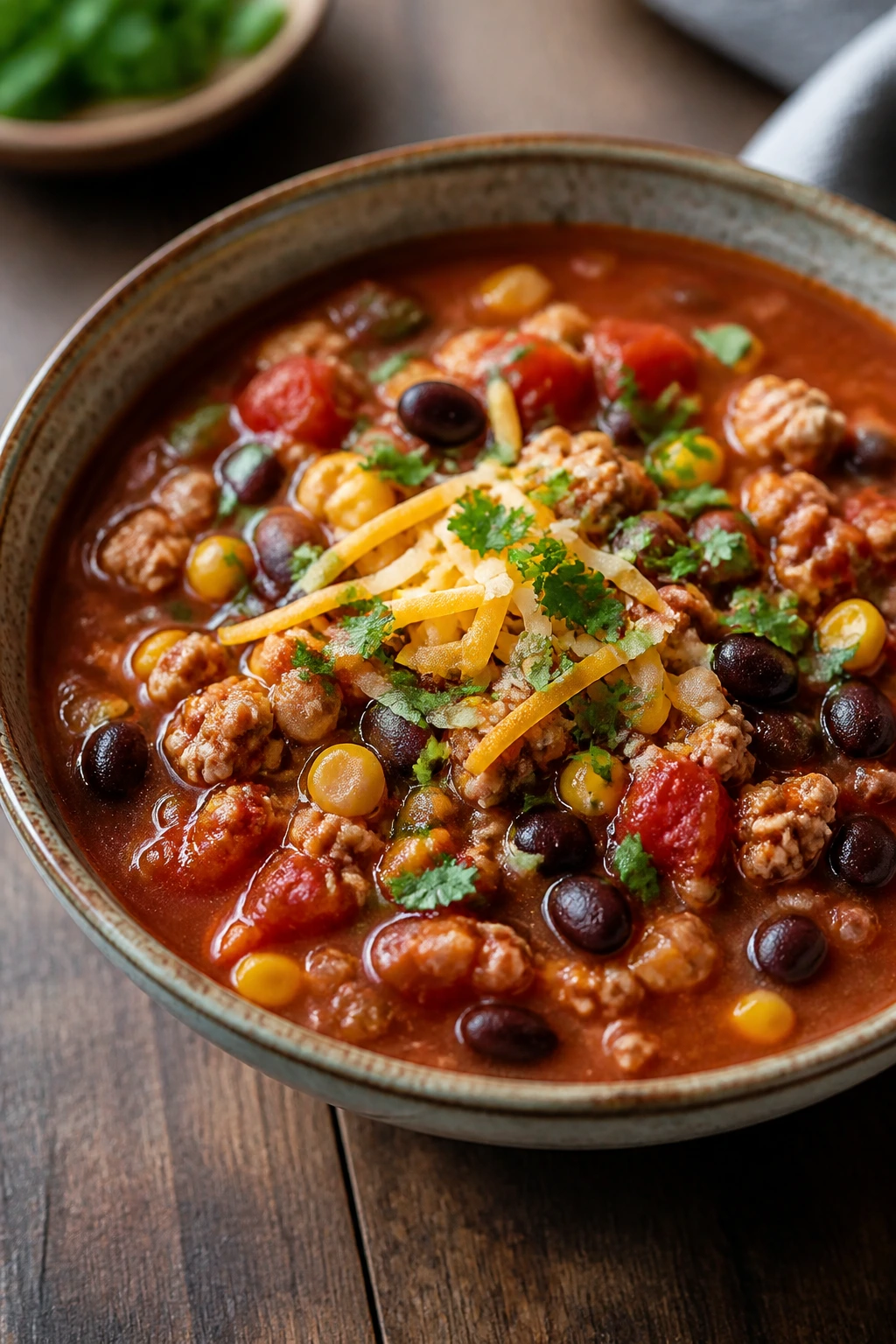 Bowl of turkey taco soup with beans and corn