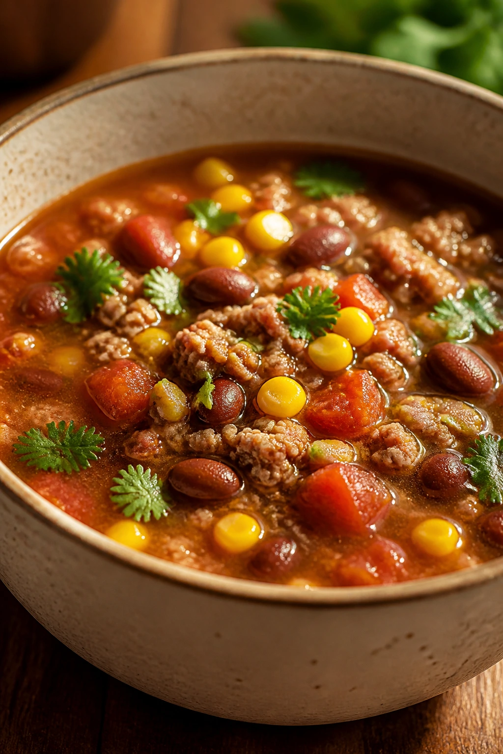 Bowl of turkey taco soup with beans and corn.