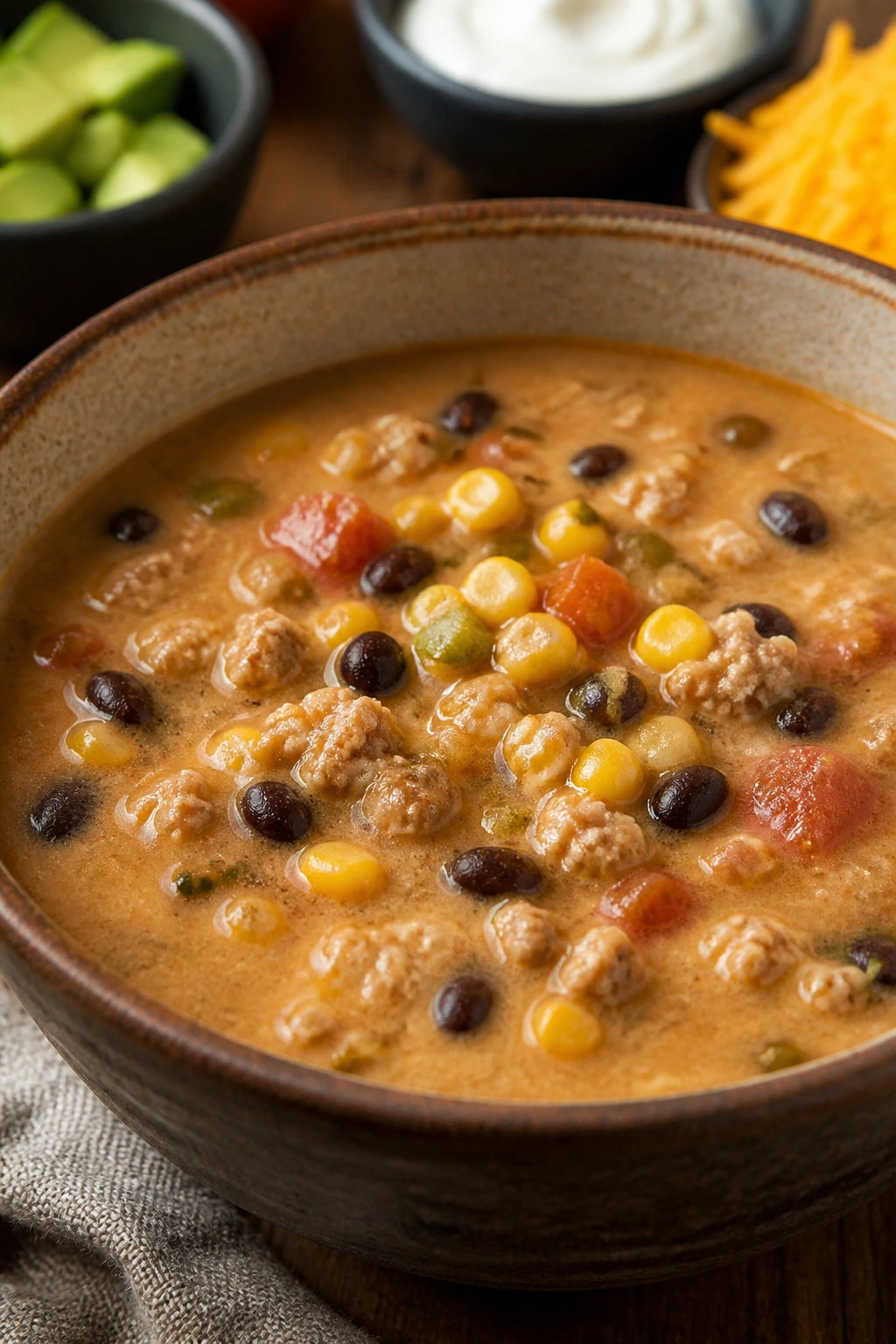 Cozy bowl of turkey taco soup with beans and corn