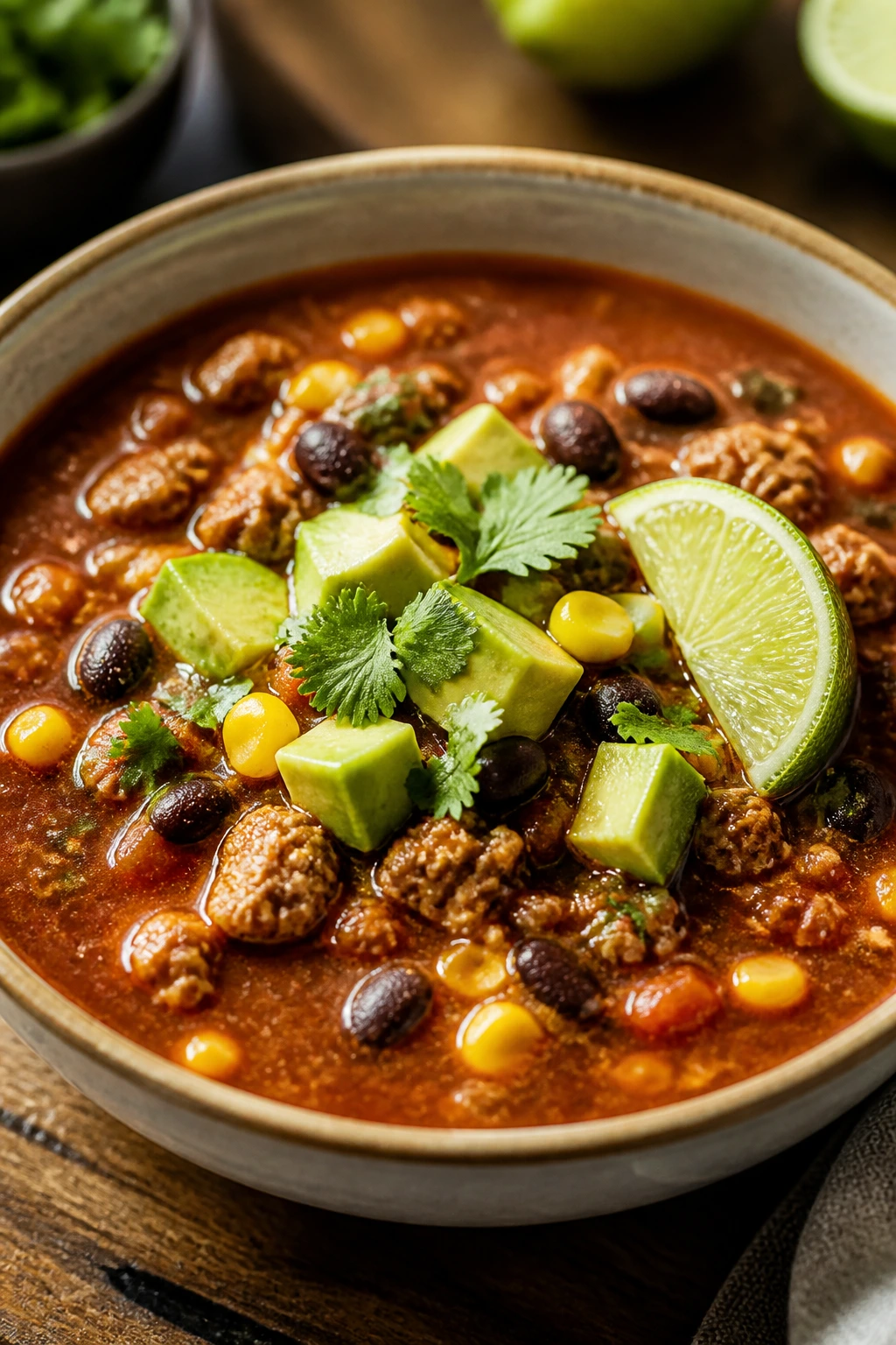 Turkey taco soup in a bowl with beans and tomatoes
