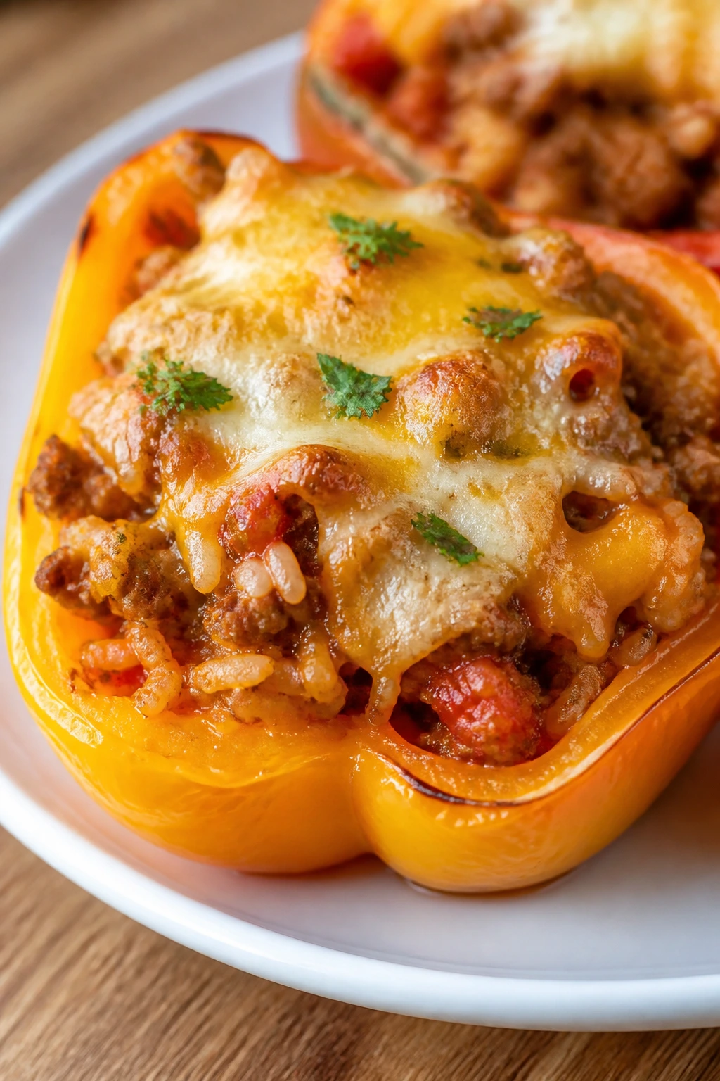 Stuffed bell pepper with turkey, rice, and cheese on a plate