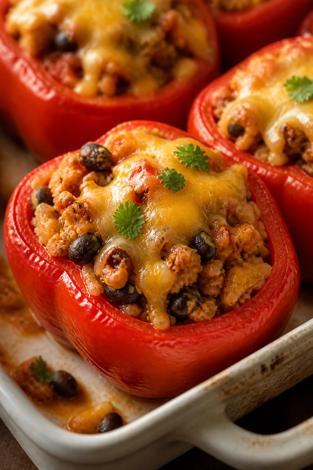 Pepper stuffed with turkey taco filling and melted cheese