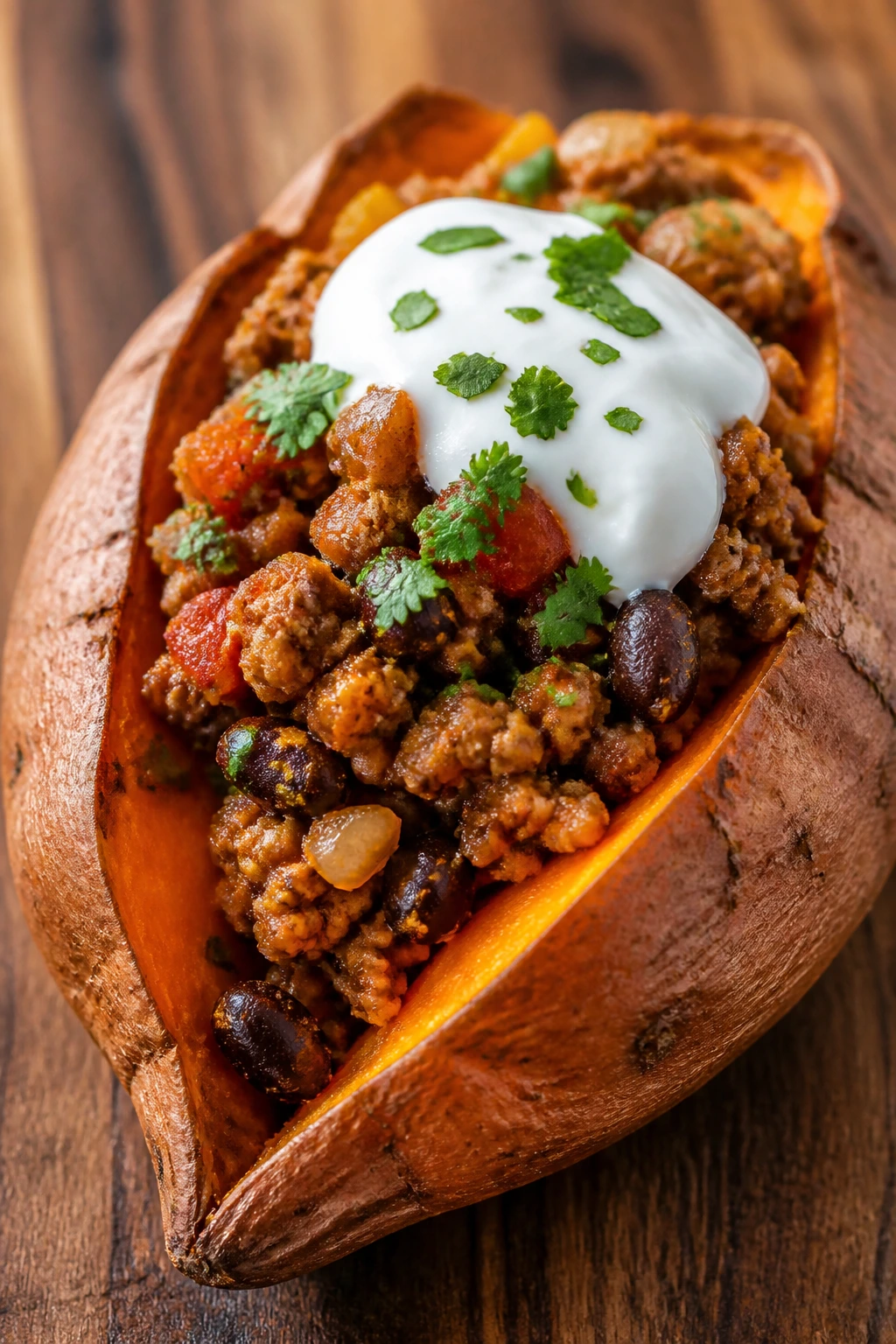 Split baked sweet potato stuffed with turkey taco filling on a warm kitchen table