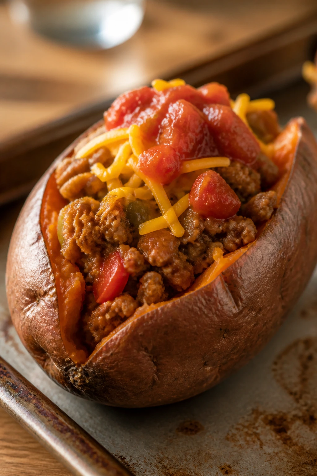Sweet potato stuffed with turkey taco filling topped with salsa and cheese