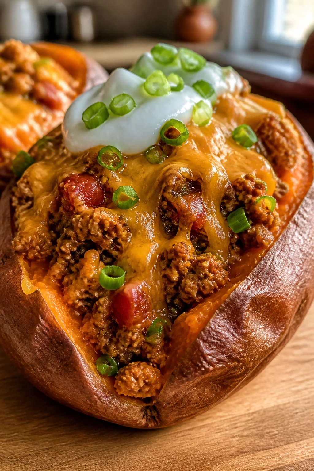 Close-up of a split baked sweet potato stuffed with turkey taco filling, cheddar, yogurt, and green onions