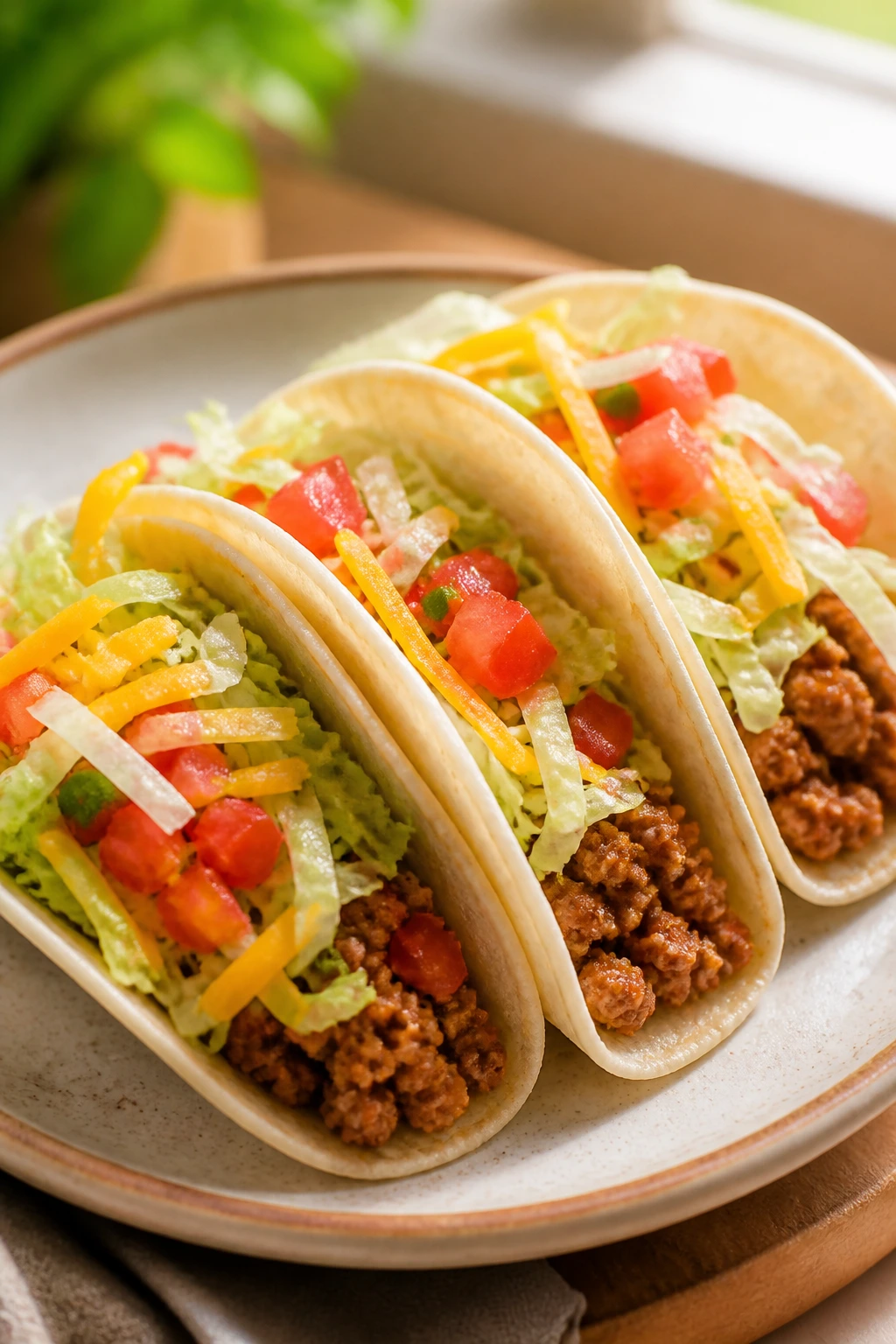 Three turkey tacos with lettuce, cheese, and salsa on a plate