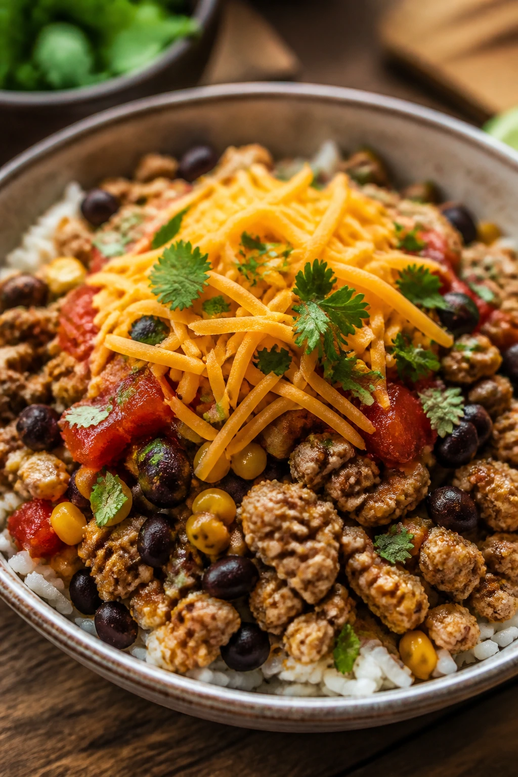 Bowl of turkey taco mix with beans corn rice salsa and cheese