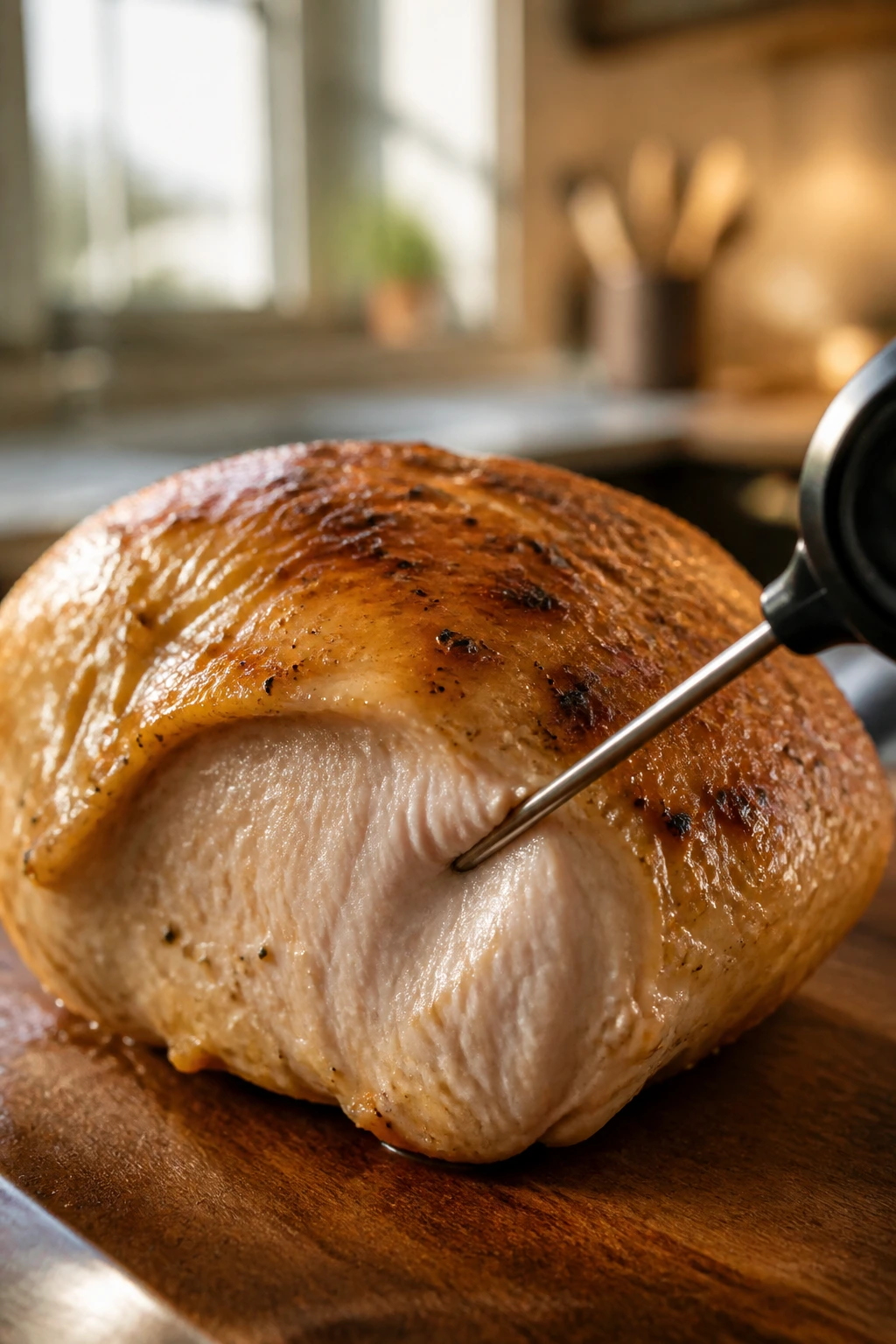 Close-up of a turkey portion with a probe in the thickest part in a warm kitchen