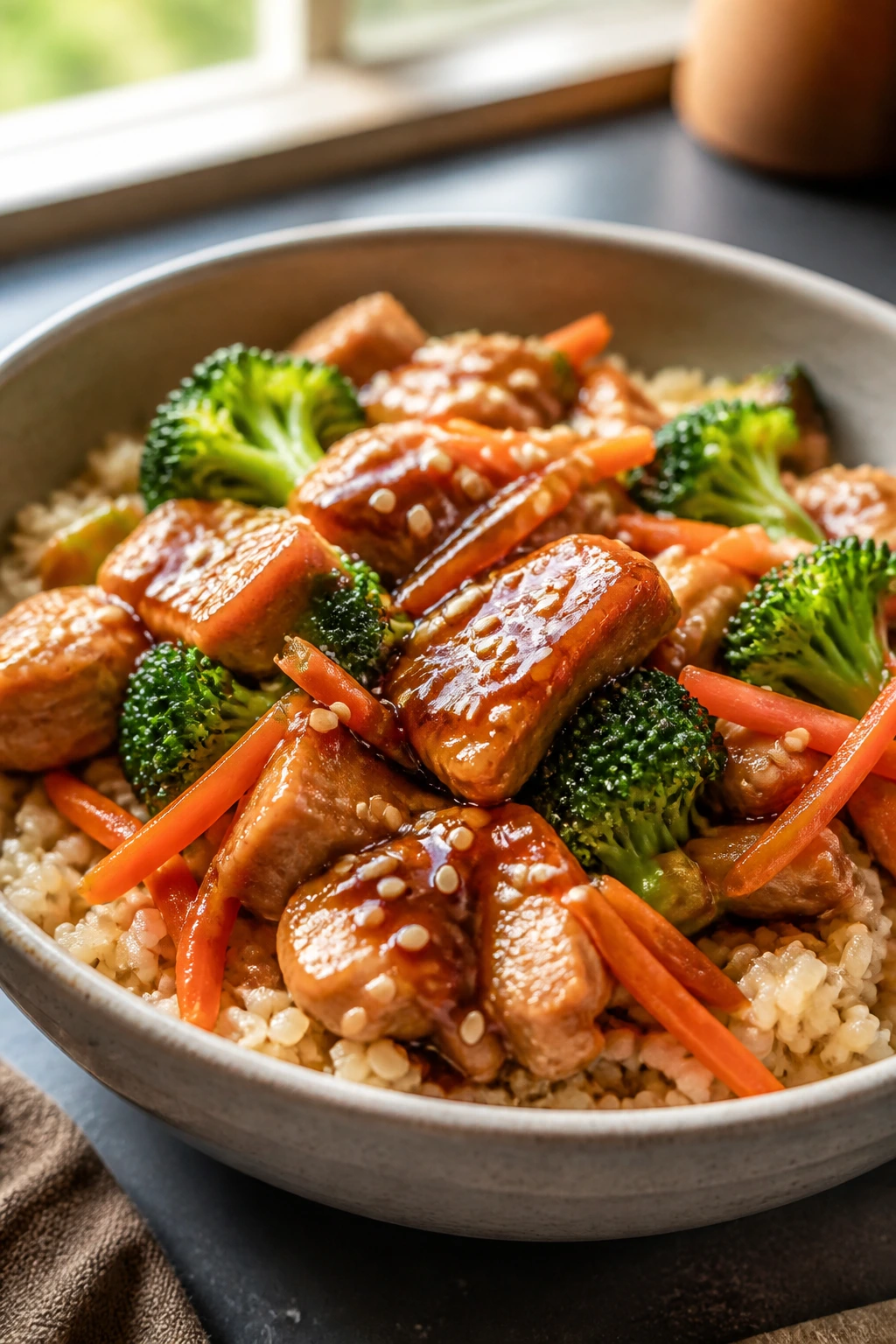 Turkey teriyaki over brown rice with broccoli and carrots in a bowl