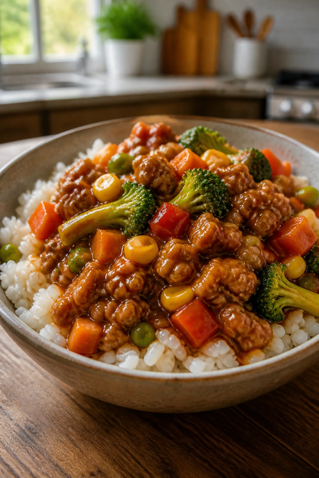 Glossy turkey teriyaki over rice with vegetables in a bowl