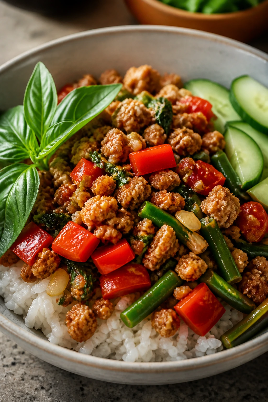Close-up of Thai Basil Turkey Bowl with jasmine rice and Thai basil