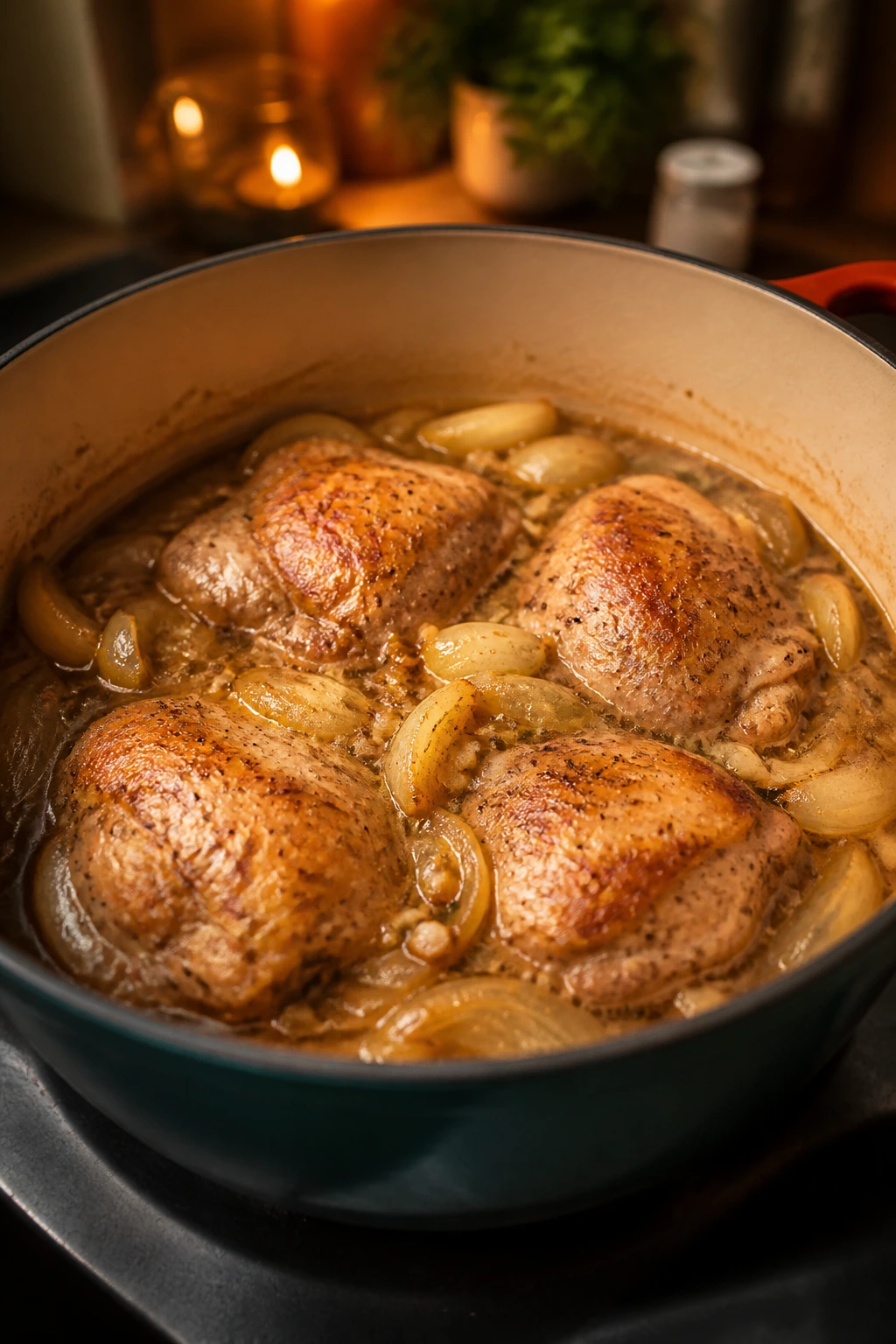 Boneless turkey thighs braising in a Dutch oven with onions in a cozy kitchen