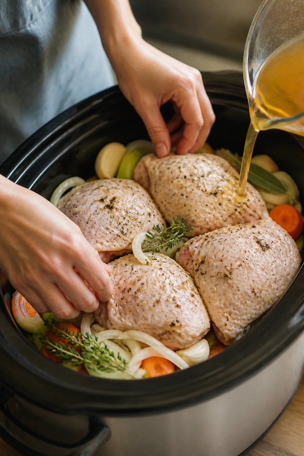 Seasoned turkey thighs being loaded into a slow cooker with vegetables