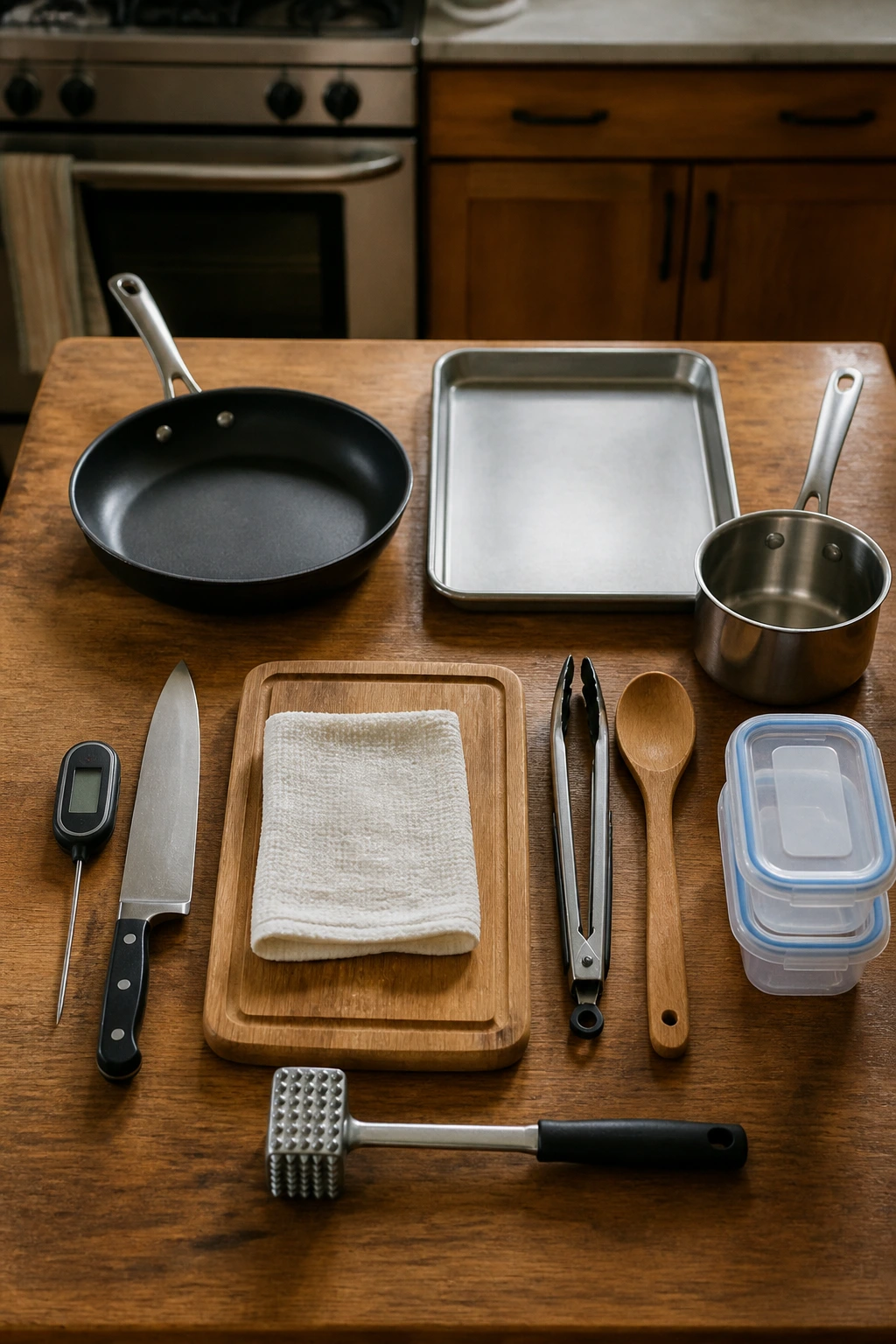 Array of essential turkey cooking tools laid out on a wooden surface