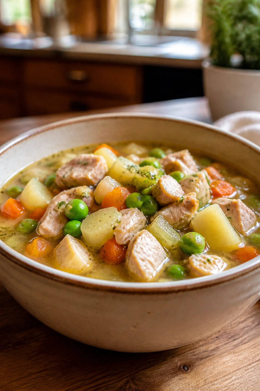 Close-up of turkey vegetable soup with turkey pieces and vegetables