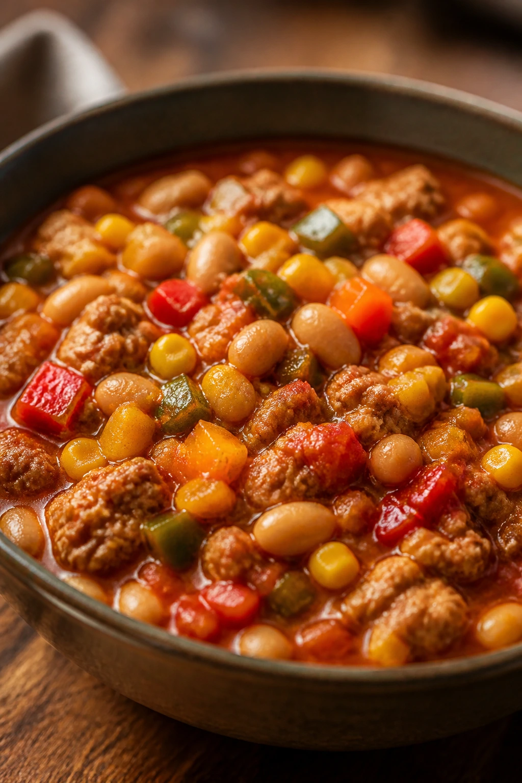 Close-up of a steaming turkey and white bean chili with peppers and corn in a cozy kitchen