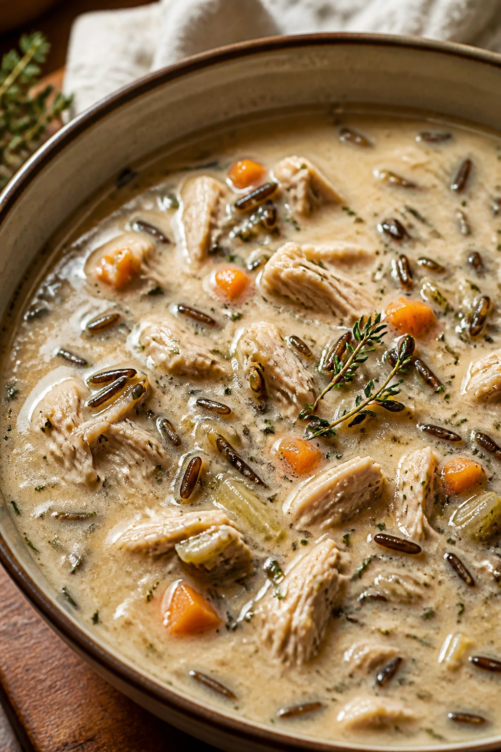 Creamy turkey and wild rice soup in a bowl